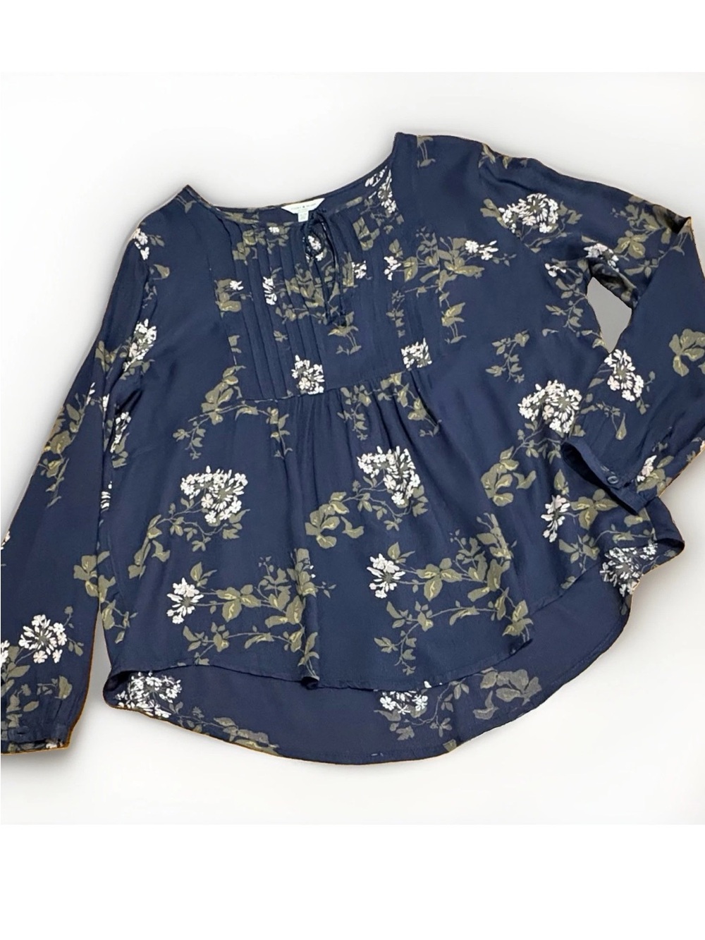 LUCKY BRAND Blouse - Navy Blue Floral Long Sleeves Tunic Viscose